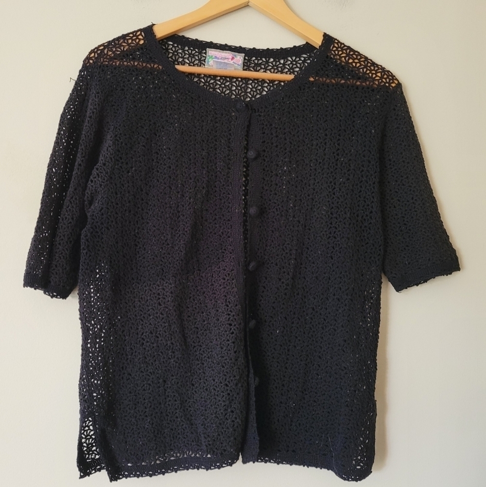 Vintage April Cornell Crochet Knit Short Sleeve Black Cardigan Goth Grunge 90s M